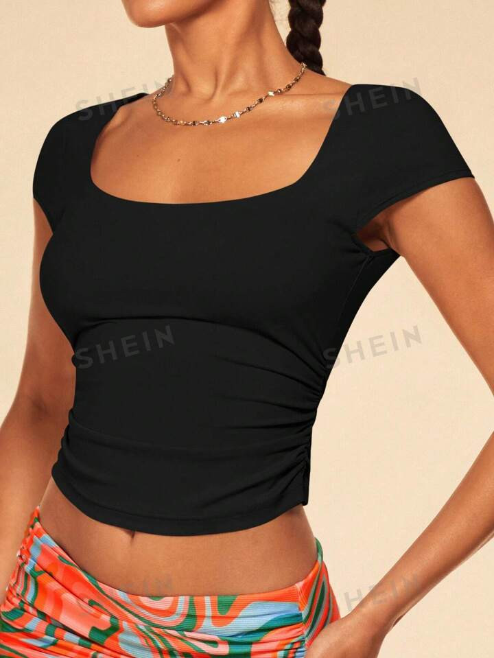 SHEIN BAE Square Neck Ruched Side Crop Tee | SHEIN
