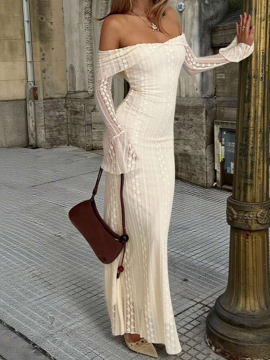 Women's Summer New Elastic Lace Cream Almond Off Shoulder Long Sleeve Bodycon Fishtail Sexy Elega... | SHEIN