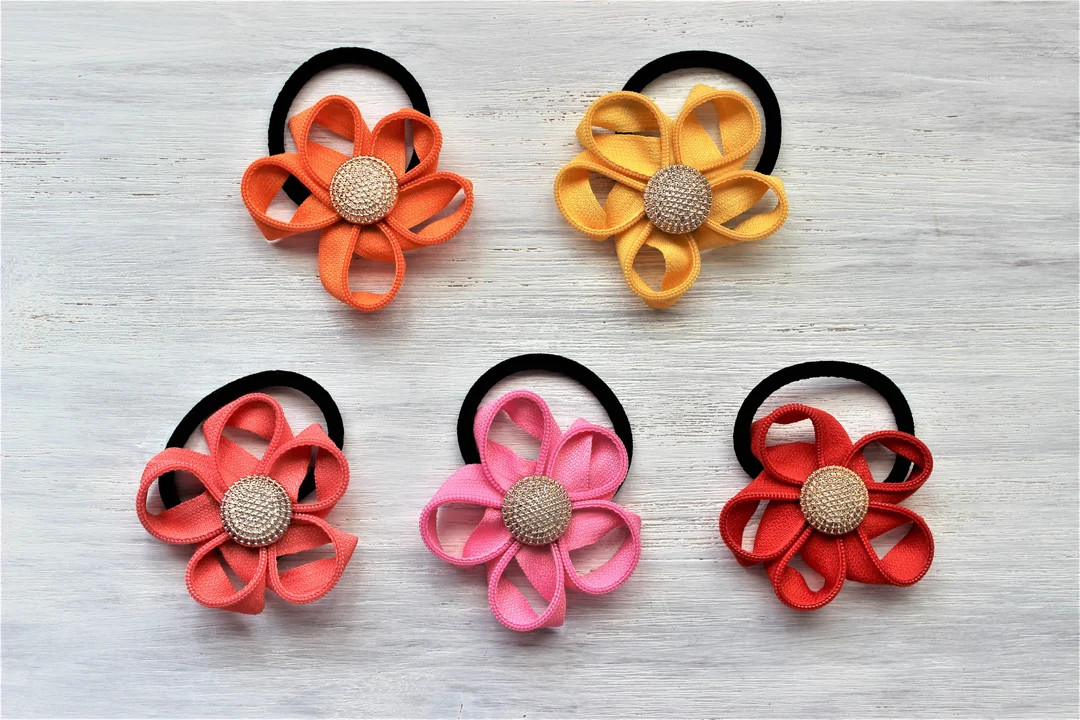 Zipper Flower Elastic Hair Tie-Orange-Yellow-Coral-Pink-Red | Etsy (US)