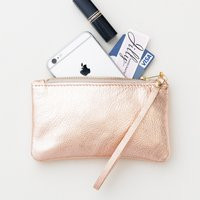 Small Rose Gold Leather Clutch With Wrist Strap, Petite Metallic Wristlet, Bridesmaid Gift | Etsy (US)