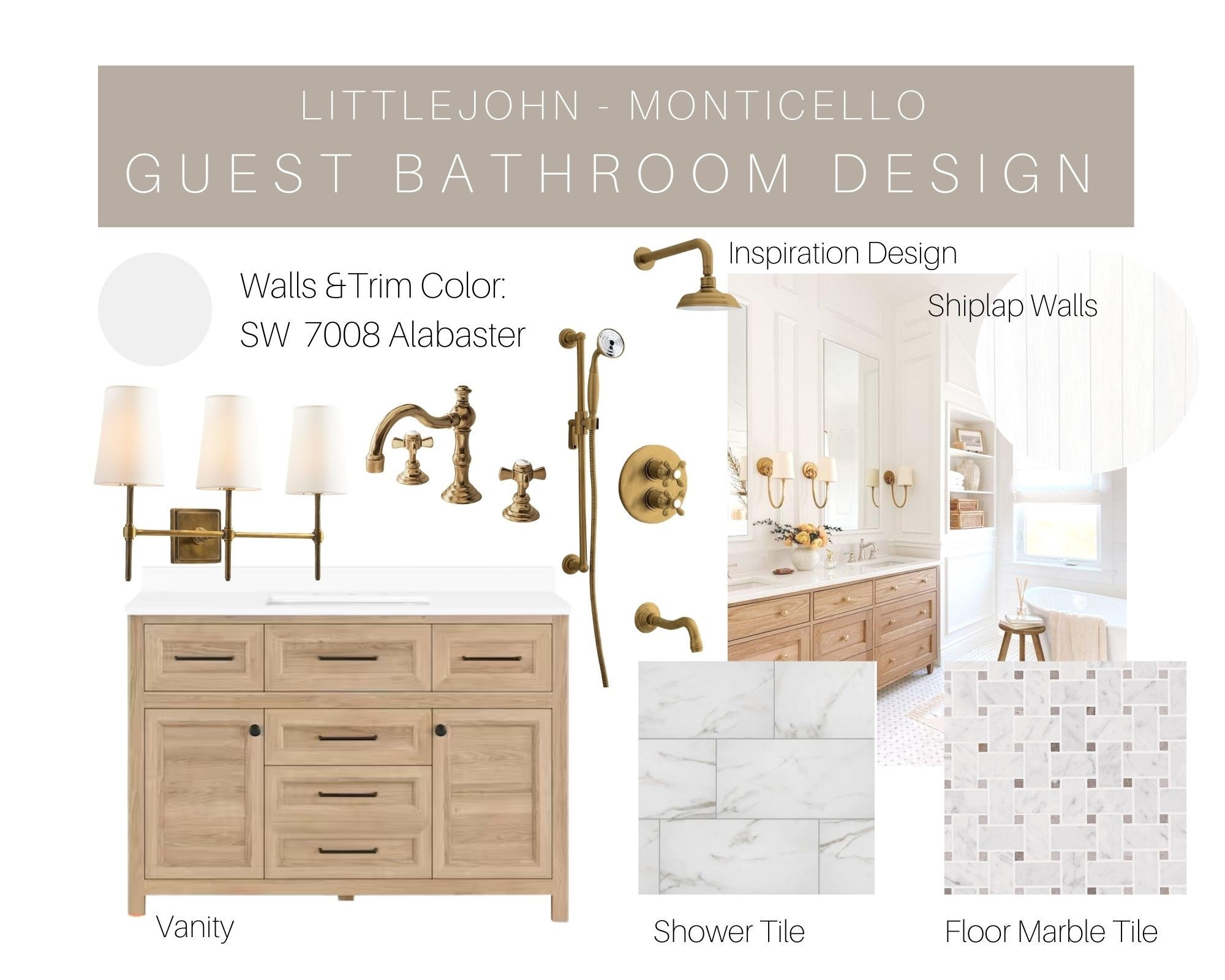 Guest Bathroom Remodel, Littlejohn. 
We gave my sister’s in town, guest bathroom a fresh new look, soft, shiplap walls, marble tile, champagne, bronze fixtures, and warm, wood tones, all wrapped up in Sherwin-Williams alabaster. Cozy, timeless, and just a little bit fancy.



#LTKHome