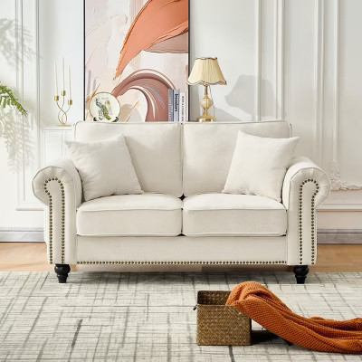 63" Classic Beige Chesterfield Sofa with Rolled Arms, Deep Seat 2-Seater Couch with Wood Legs for Small Living Room or Apartment-Panipeachy | Target