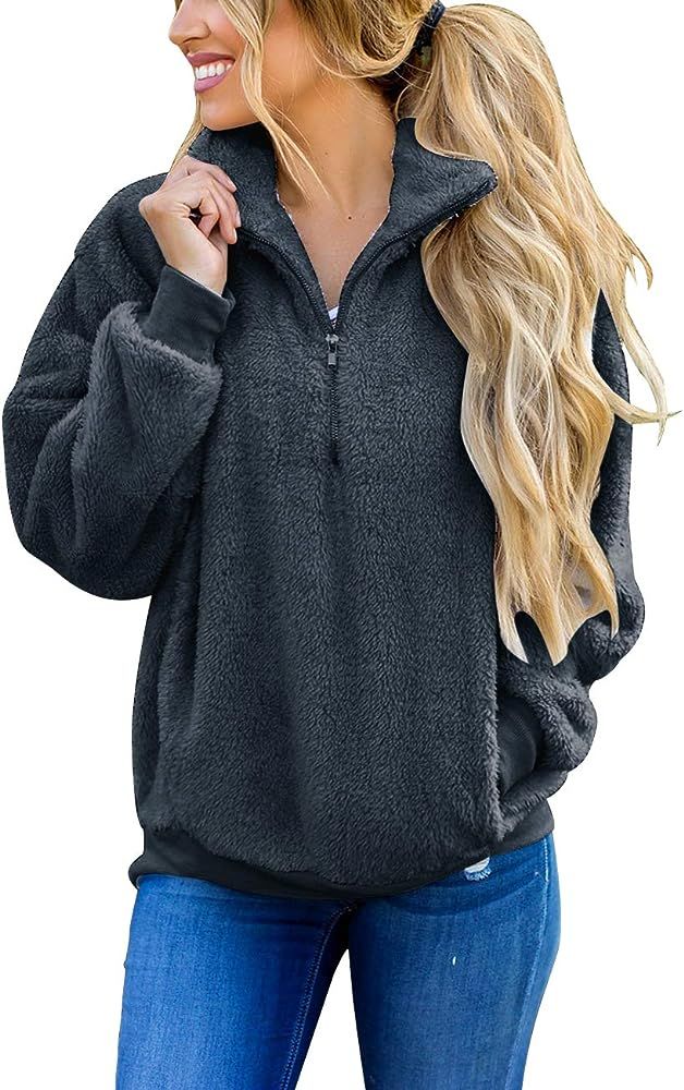 Women's Long Sleeve Contrast Color Zipper Sherpa Pile Pullover Tops Fleece with Pocket | Amazon (US)