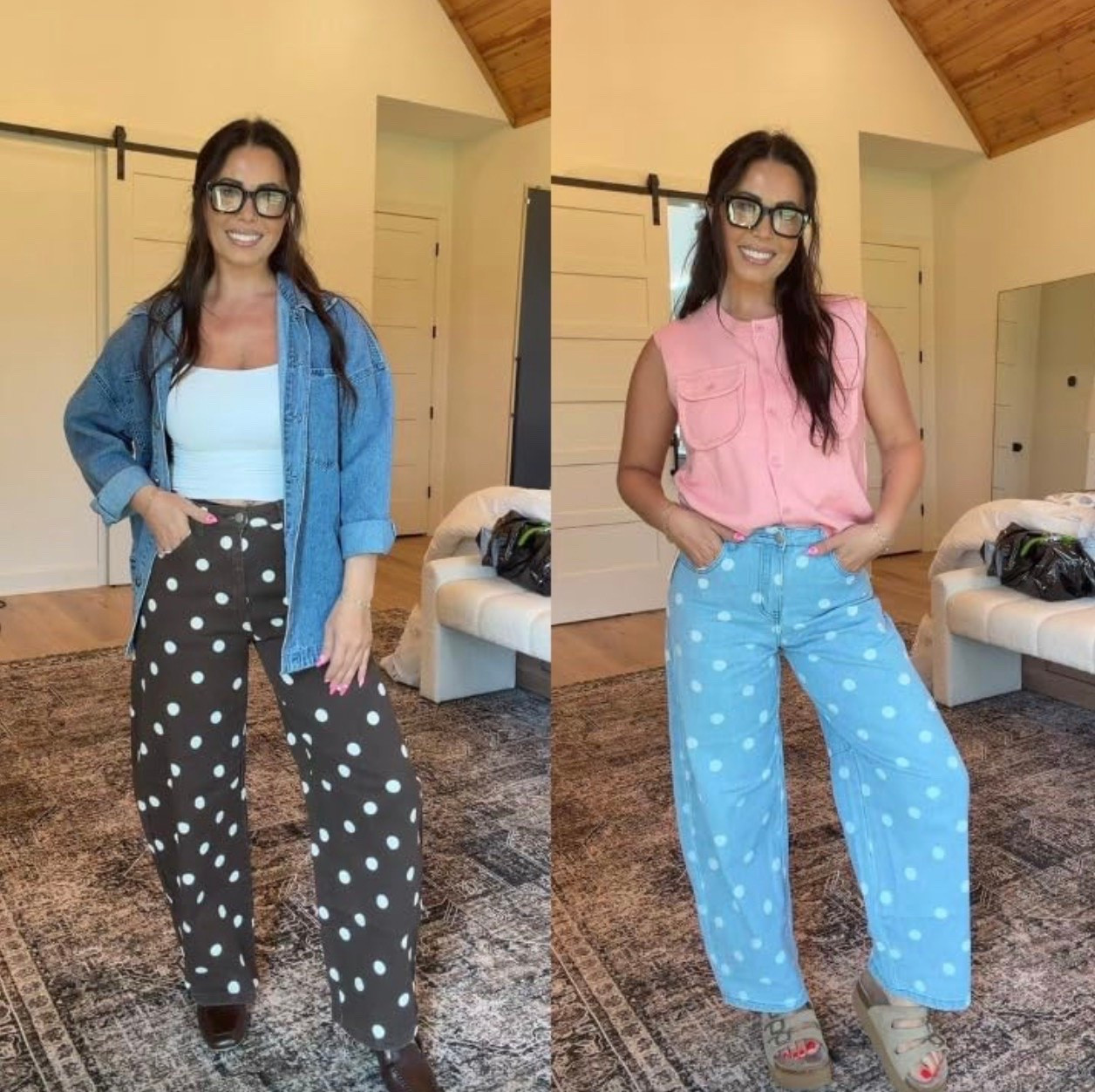 I wasn’t sure about polka dot jeans at first because I thought they’d be hard to style… but I was completely wrong.

I paired them two different ways, and they instantly made each outfit feel a little more fun without being over the top. They’re true to size, stretchy, and surprisingly comfortable too.

Which outfit is your favorite—the pink or the denim?

#LTKootd #LTKgrwm #LTKmomlife