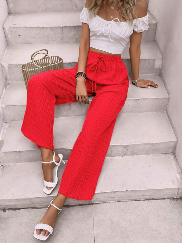 SHEIN VCAY Solid Knot Waist Wide Leg Pants | SHEIN