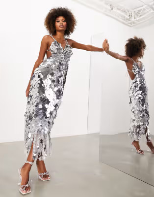 ASOS EDITION square paillette sequin midi dress in silver | ASOS (Global)