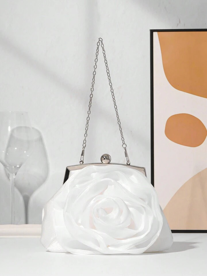Women Elegant Rose Flower Evening Bag, Luxury Party Clutch, White Romantic Wedding Bag, Formal Event Purse, Evening Dress Evening Dress Chain Bag, Bride Bag Valentines | SHEIN