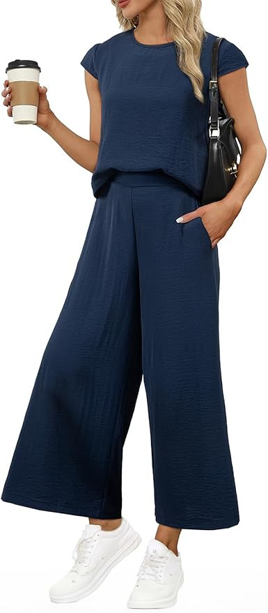 Women's Summer 2 Piece Outfits Fashion 2025 Cap Sleeve Top and Wide Leg Pants Matching Set Vacati... | Amazon (US)