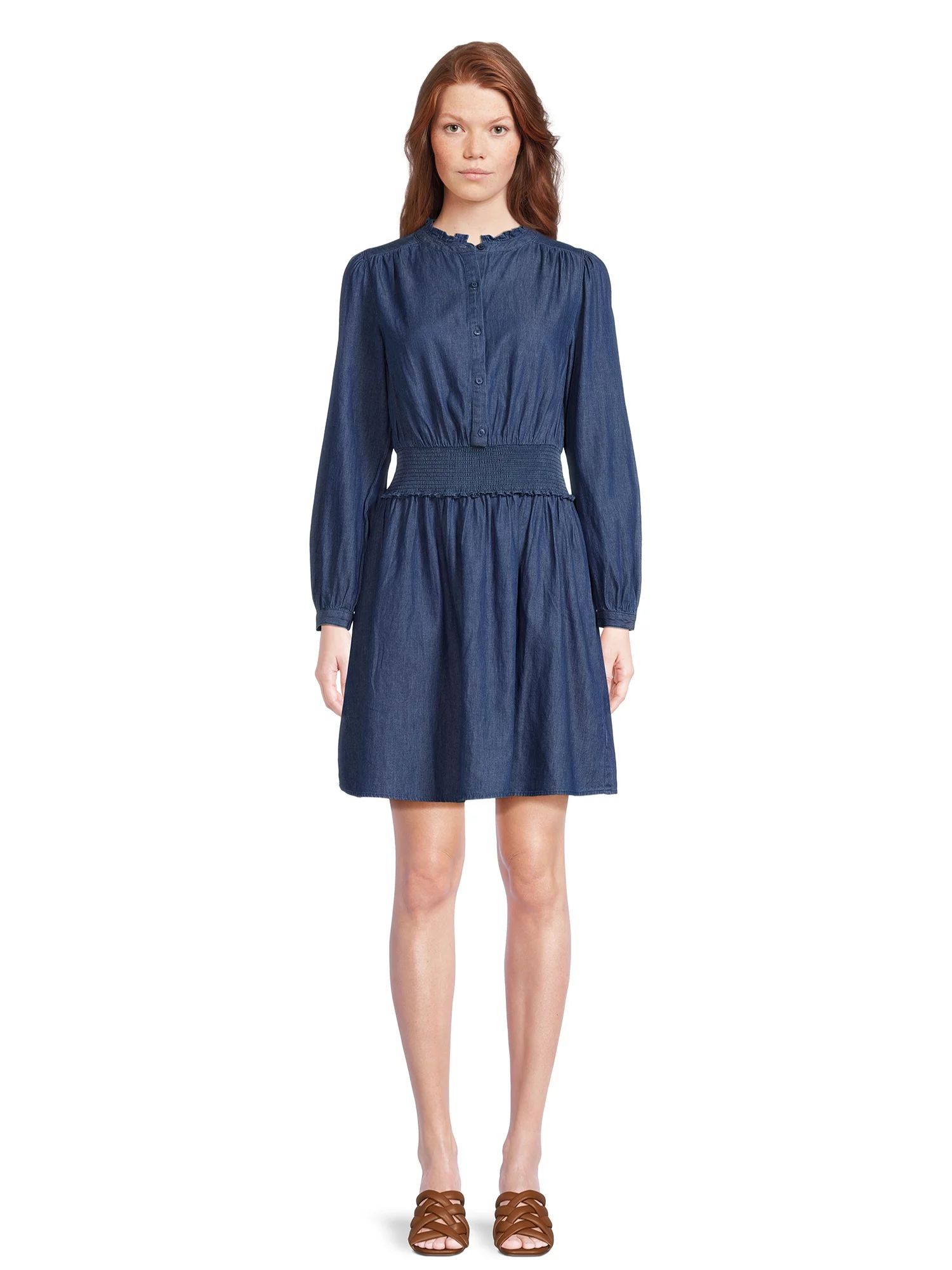 Time and Tru Women’s Long Sleeve Smocked Waist Denim Mini Dress | Walmart (US)