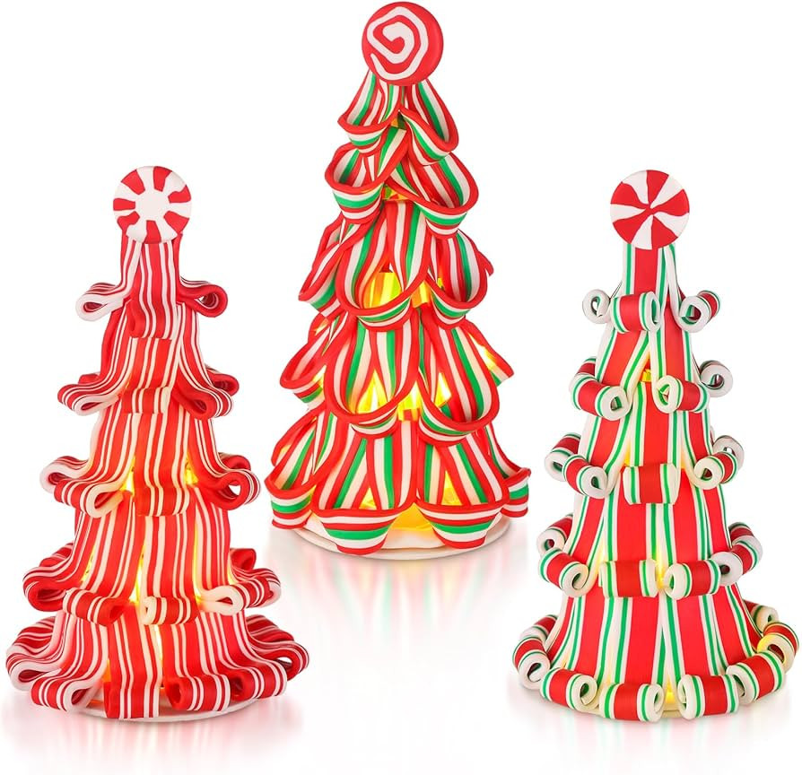 Suzile 3 Pcs Christmas Ribbon Candy Tree Tabletop Decor 7 Inches Mini Light up Resin Clay Pepperm... | Amazon (US)