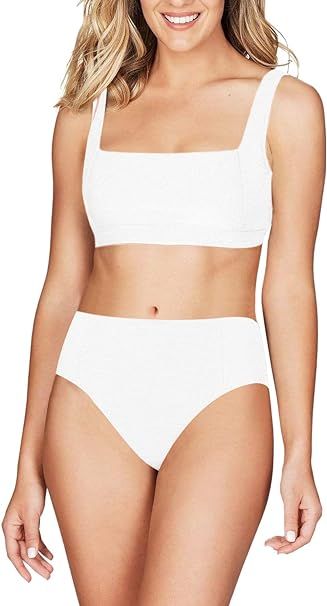 Viottiset Women's High Waisted Ribbed Square Neck Cheeky Bikini 2 Piece Swimsuit Sexy Wide Strap | Amazon (US)