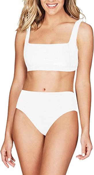 Viottiset Women's High Waisted Ribbed Square Neck Cheeky Bikini 2 Piece Swimsuit Sexy Wide Strap | Amazon (US)