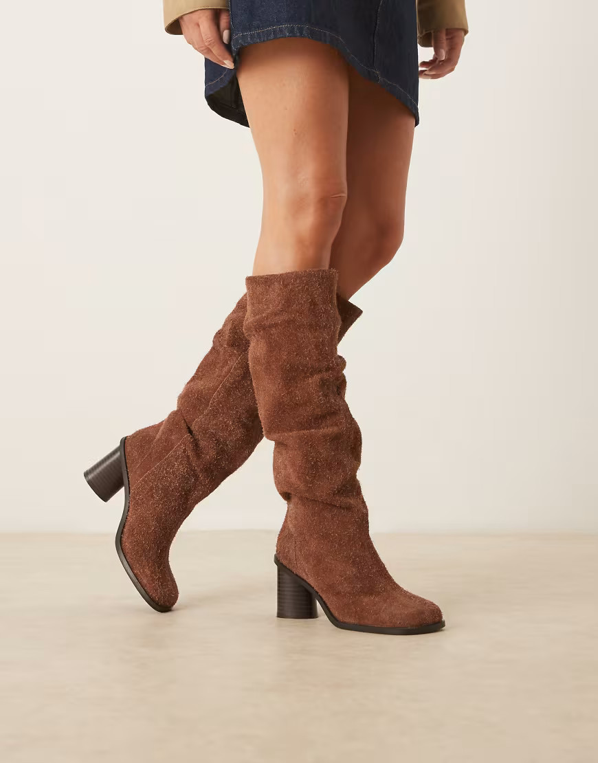 ASOS DESIGN Carolina leather slouchy heeled knee boots in brown brushed suede | ASOS (Global)