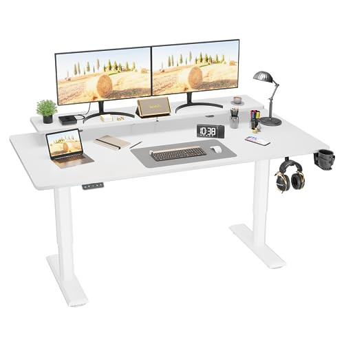 Kemon Electric Standing Desk with Monitor Stand, 63 x 27 Inch Height Adjustable Sit Stand up Desk, Home Office Computer Workstation with Cup Holder and Hook, Stand Table for Work, White | Amazon (US)