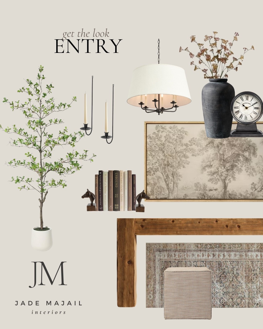 Get the Look | Transitional Style Entryway 

Console table, area rug, ottoman, olive tree, wall sconce, black light fixture, black vase, wall art, decorative books, book ends

#LTKHome #LTKSaleAlert #LTKFamily