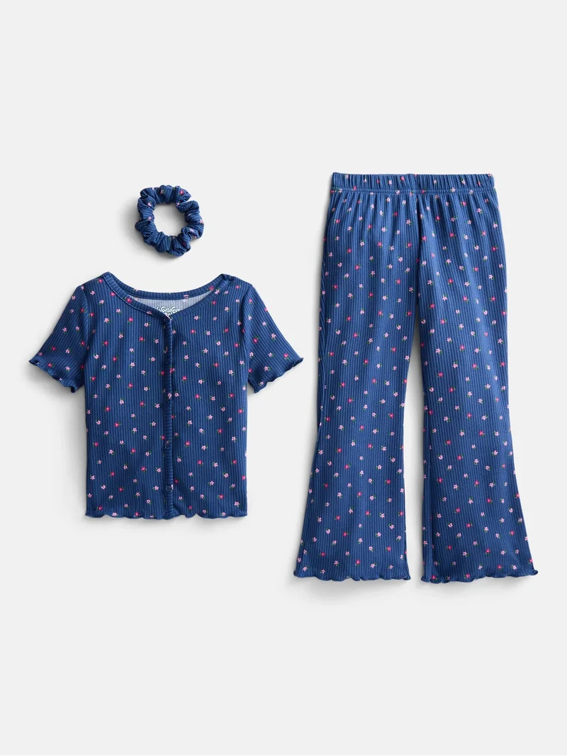 Wonder Nation Girls Ribbed Top and Pants Pajama Set with Scrunchie, 2 Piece, Sizes 4-18 | Walmart (US)