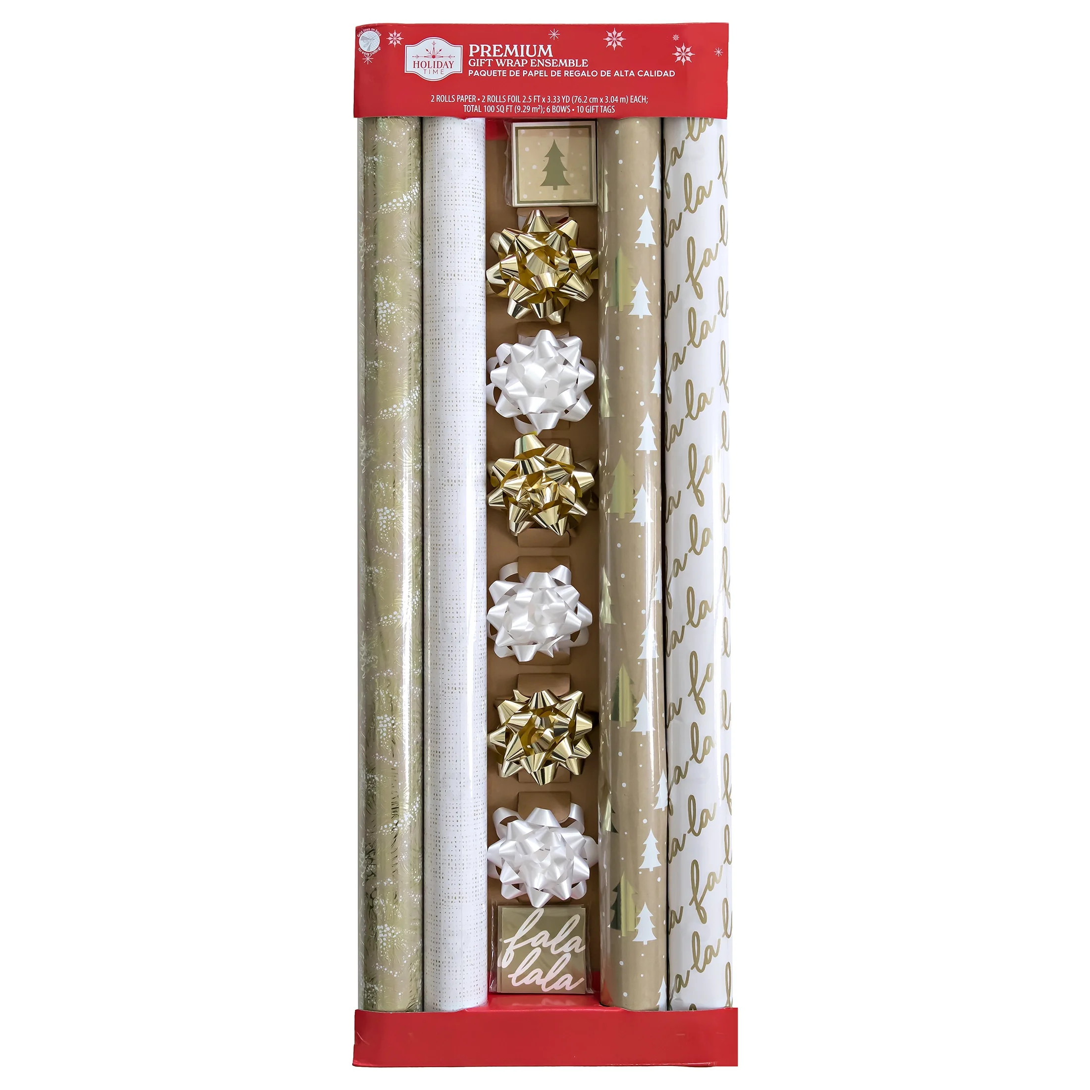 Holiday Time Premium Christmas Wrap Kit, 4 Rolls Paper & Foil Gift Wrap, 10 Tags, 6 Bows, Gold & ... | Walmart (US)
