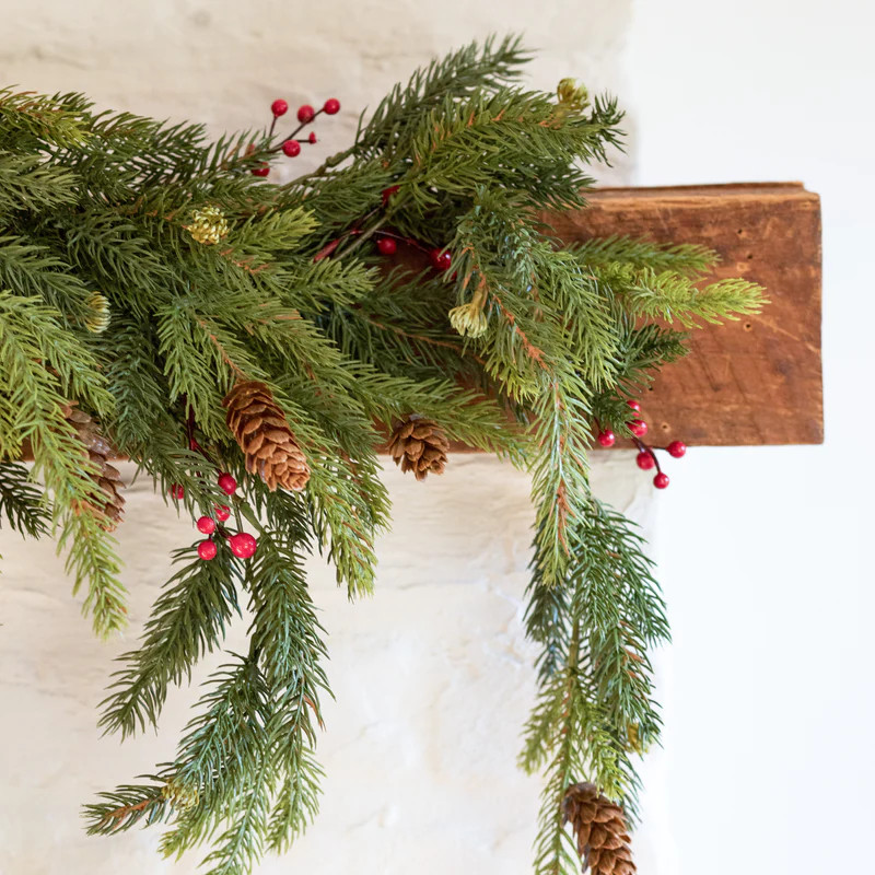 Dark Spruce and Red Berry Hanging Bush | Purple Rose Home