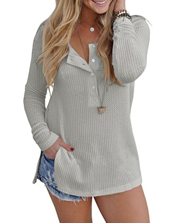 Inorin Womens Henley Shirts Fall Button Down Pullover Waffle Long Sleeve Loose Fit Jumper Tops | Amazon (US)