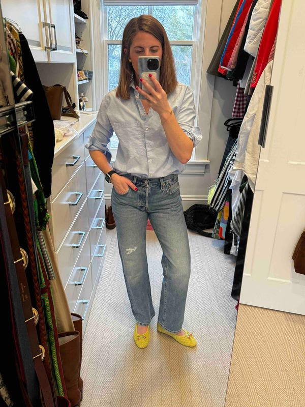 Light blue shirt, ripped denim and sunny yellow mules bringing the pop to a very classic combo. Effortless, cheerful and ready for a laid-back kind of day. 😊👟✨
#ootd #yellowshoes #ltkstyle #ltkfashion #denimoutfit #bluebuttondown #colorpop #everydaystyle #chicstyle #outfitinspo 

 #LTKootd