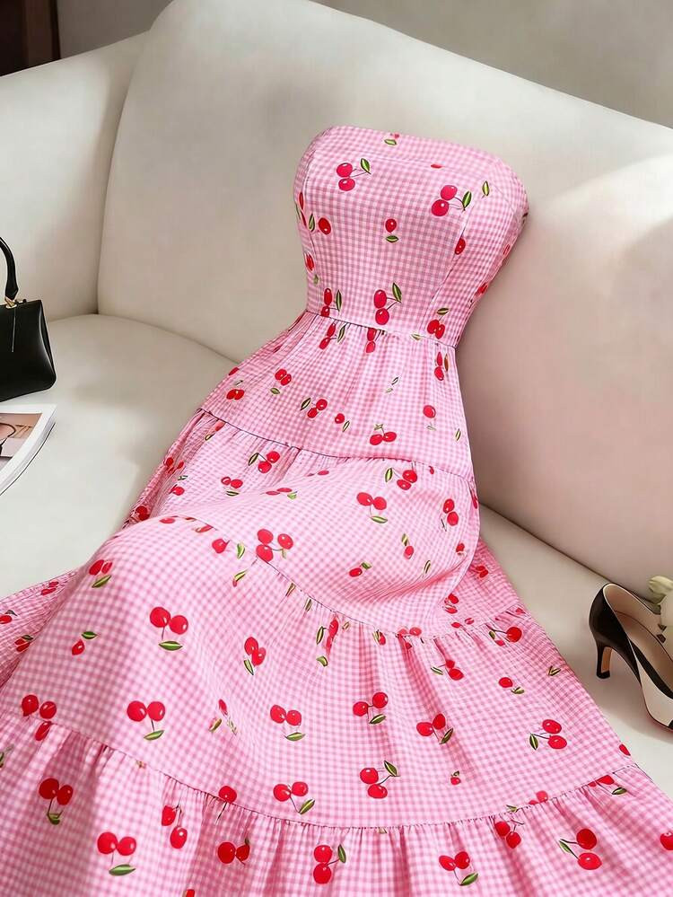 Elenzga Plus Size Women's Cute Pink Cherry Plaid Strapless Dress,Sweet Elegant Waist-Cinched A-Li... | SHEIN