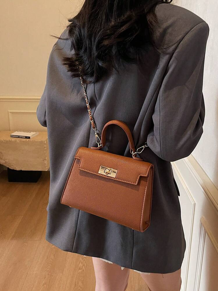 Damen PU-Leder Geometrische Schloss Ketten Kleine Quadratische Schultertasche, Pendler Fashion Minimalistisch Straße Elegant Handtasche | SHEIN