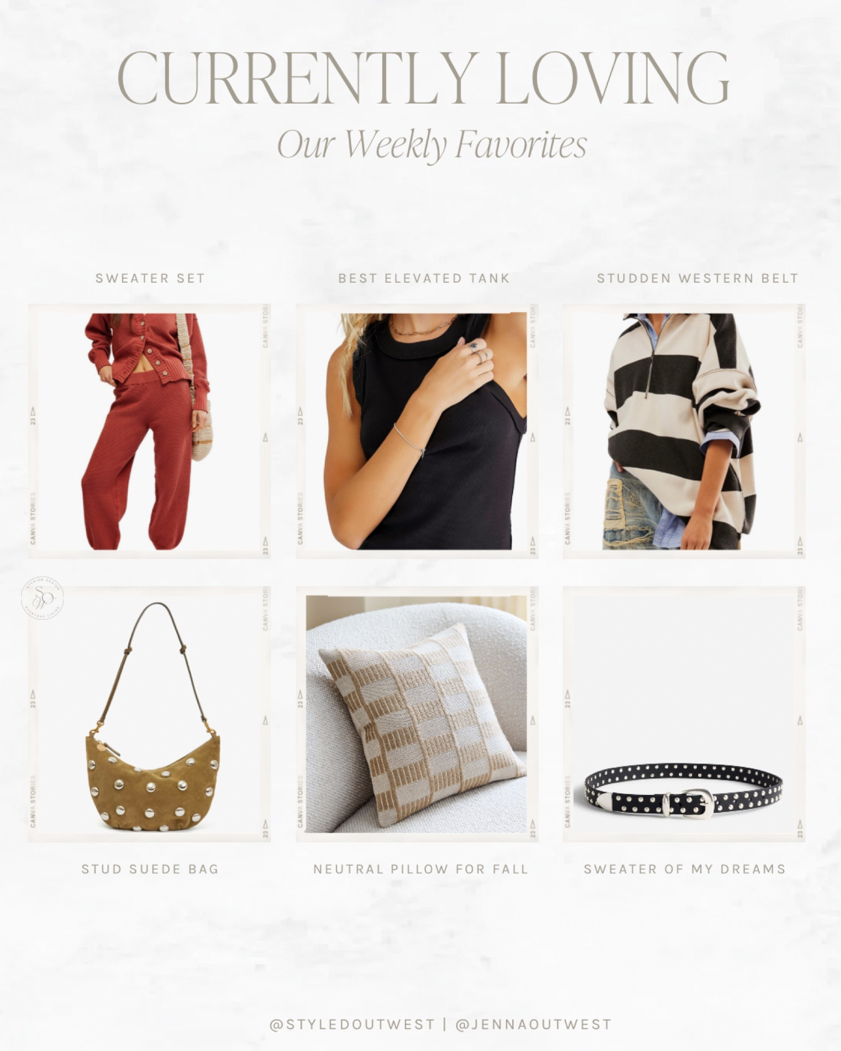 Currently Loving by @styledoutwest 

Sweater set; basic tank; striped sweater, studded bag, western belt, geometric pillow 

#LTKHome #LTKStyleTip #LTKFindsUnder100