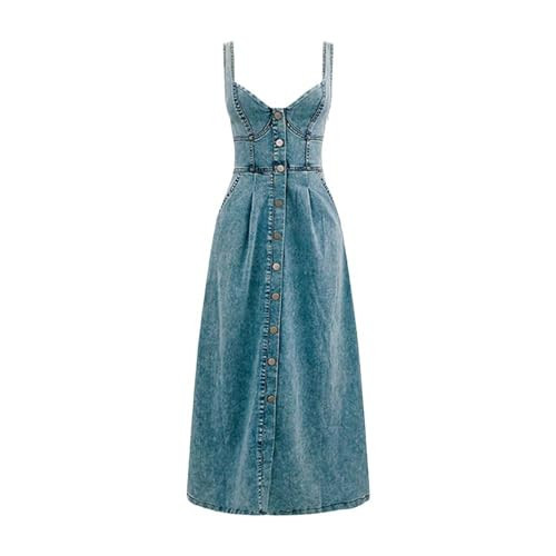 Women's Maxi Denim Dress Sleeveless Strap A-line Button Down Sundresses V-Neck Blue Cotton Tank Dresses, Blue, Small | Amazon (US)