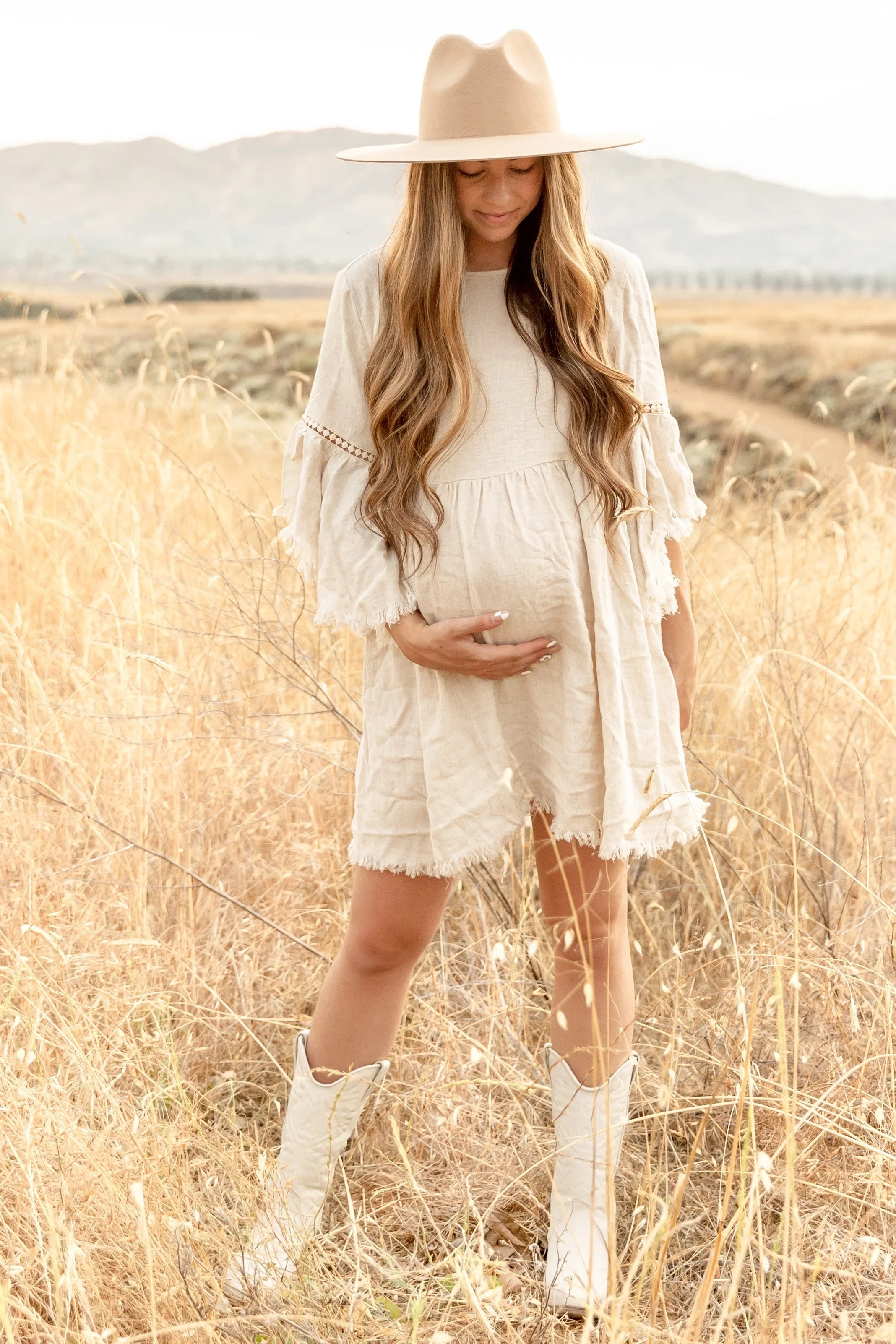 Beige Raw Edge Bell Sleeve Babydoll Maternity Dress | PinkBlush Maternity