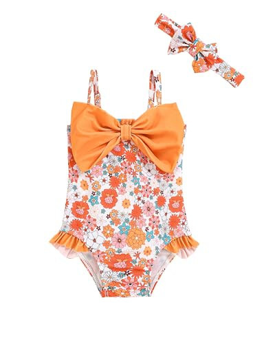 Mioglrie Toddler Baby 2t Swimsuit Girl 3t Bathing Suit Girls One Piece Swimwear Orange Floral Summer Beach Swim Suit | Amazon (US)