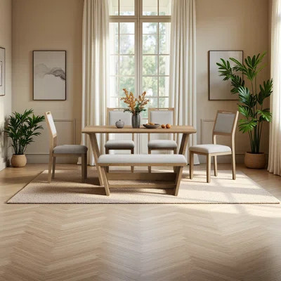 6-Piece Retro Dining Table Set For 6, 60" Wood Kitchen Table And Chairs Set Of 4 With Bench Designed Trestle Base | Wayfair North America