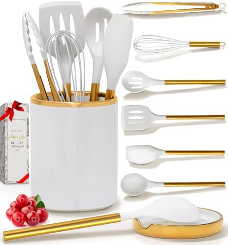 8 Piece White and Gold Kitchen Utensils – White Silicone Cooking Utensils Set, Ceramic Utensil ... | Amazon (US)
