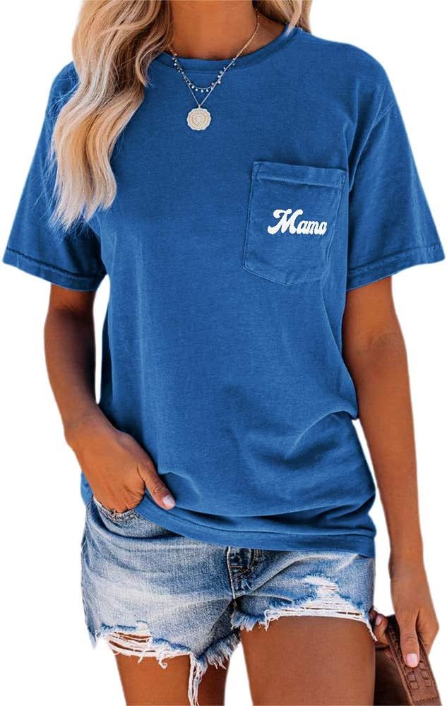 NIUBIA Women's Letter Print Basic Crew Neck Tee Summer Short Sleeve T-Shirt with Pockets Loose Fi... | Amazon (US)
