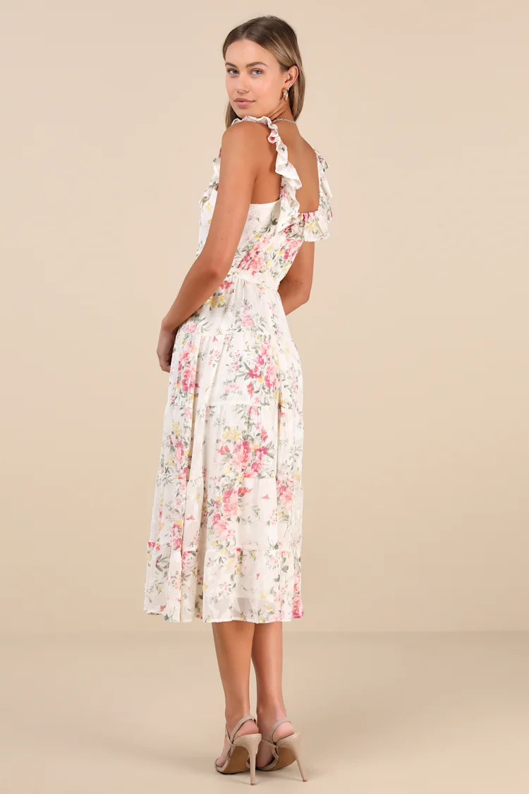 Shela Ivory Floral Jacquard Tiered Midi Dress | Lulus