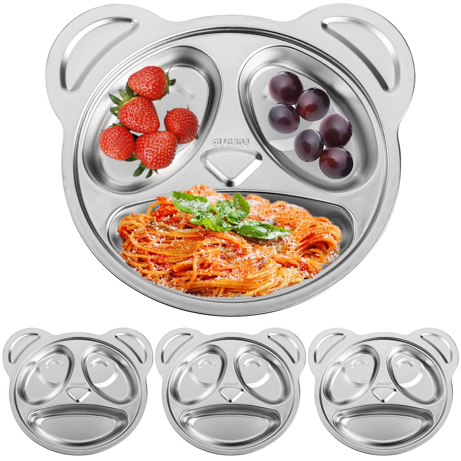 Lyellfe Set of 4 Stainless Steel Divided Plates, 3 Sections Unbreakable Dinner Plates, Cute Panda... | Amazon (CA)