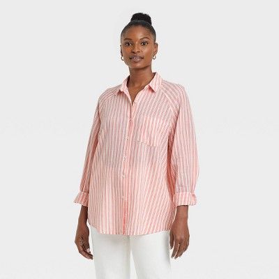 Women&#39;s Long Sleeve Boyfriend Fit Linen Button-Down Shirt - Universal Thread&#8482; Pink Stri... | Target