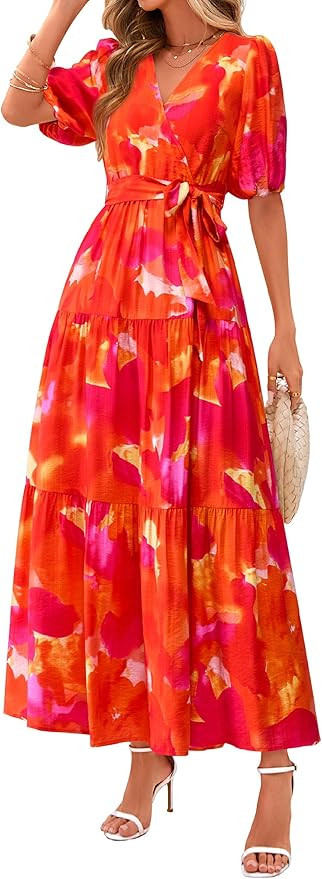 PRETTYGARDEN Women's Summer Maxi Dress 2026 Resort Wear Boho Floral V Neck Puff Short Sleeve Ruff... | Amazon (US)