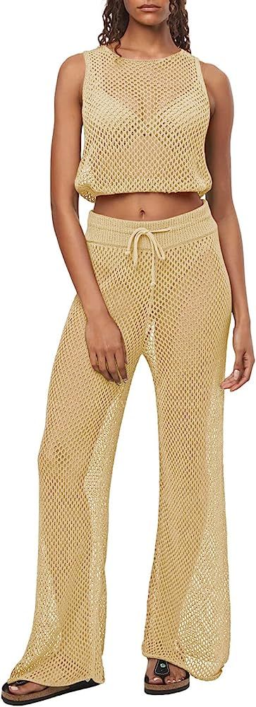 Pink Queen Women's Swimsuit Cover Up Set 2 Pieces Crochet Sleeveless Crop Top Wide Leg Long Pants Be | Amazon (US)