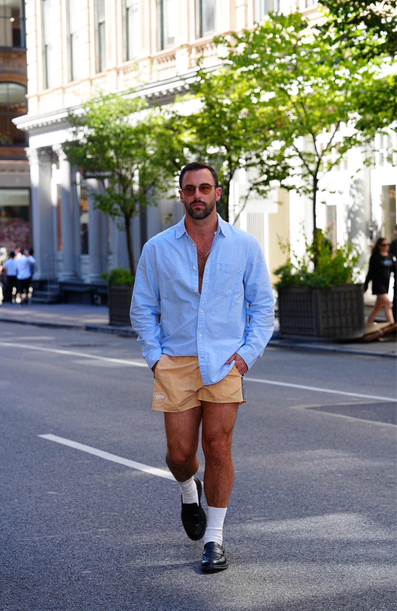 NYFW street style fit featuring @hm light blue button-down, @humanbynaturehbn tailored shorts, @Express loafers and @UNIQLO crew socks with @rayban @sunglasshut sunnies. An easy elevated warm-weather outfit for NYFW, date nights, vacations or summer in the city

#LTKootd #LTKMens #LTKgrwm