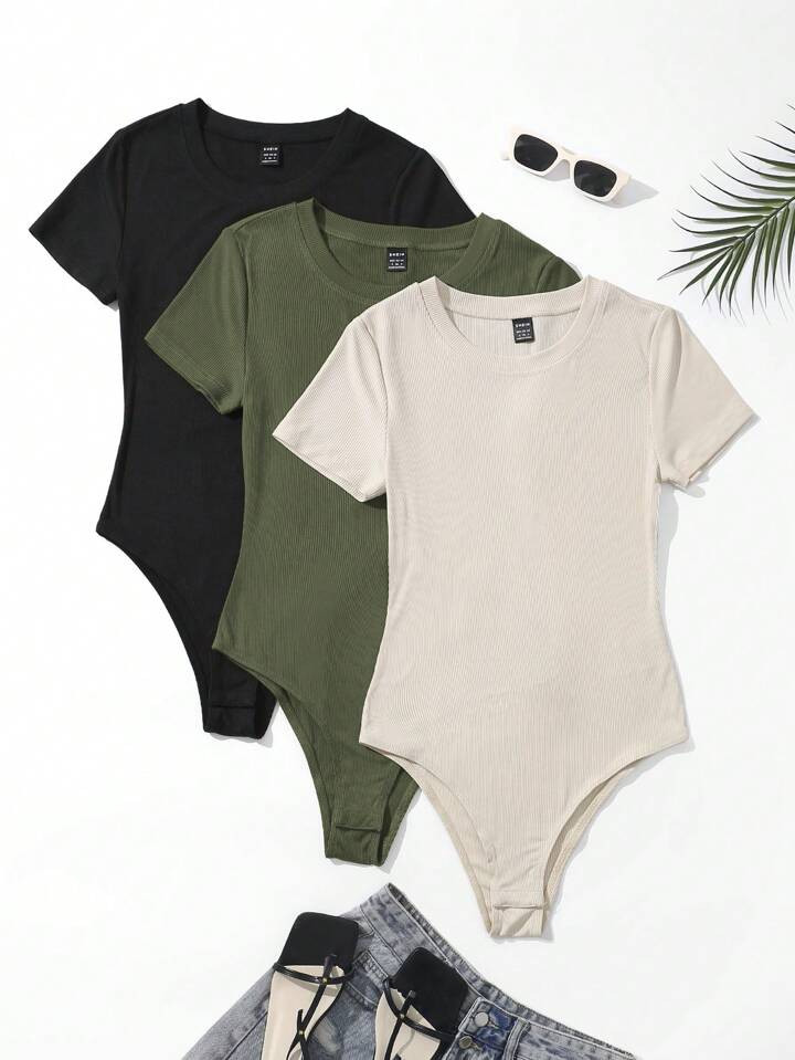 SHEIN EZwear 3pcs Solid Ribbed Knit Bodysuit | SHEIN
