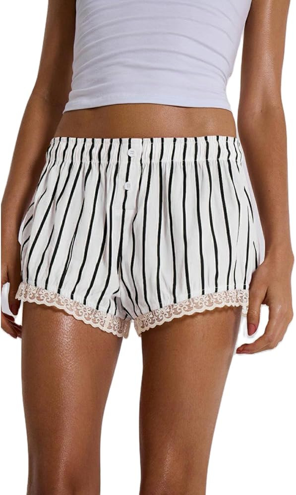 Y2K Boxer Shorts Women Striped Gingham Lounge Pajama Low Elastic Waist Sleep Lace Trim Micro Shor... | Amazon (US)