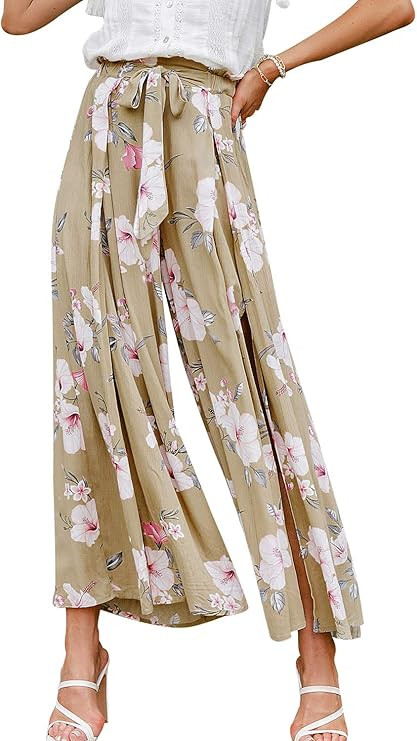 Lovinchic Women's Casual Leopard Tied Waist Wide Leg Pants Comfy Loose Split Palazzo Pants | Amazon (US)