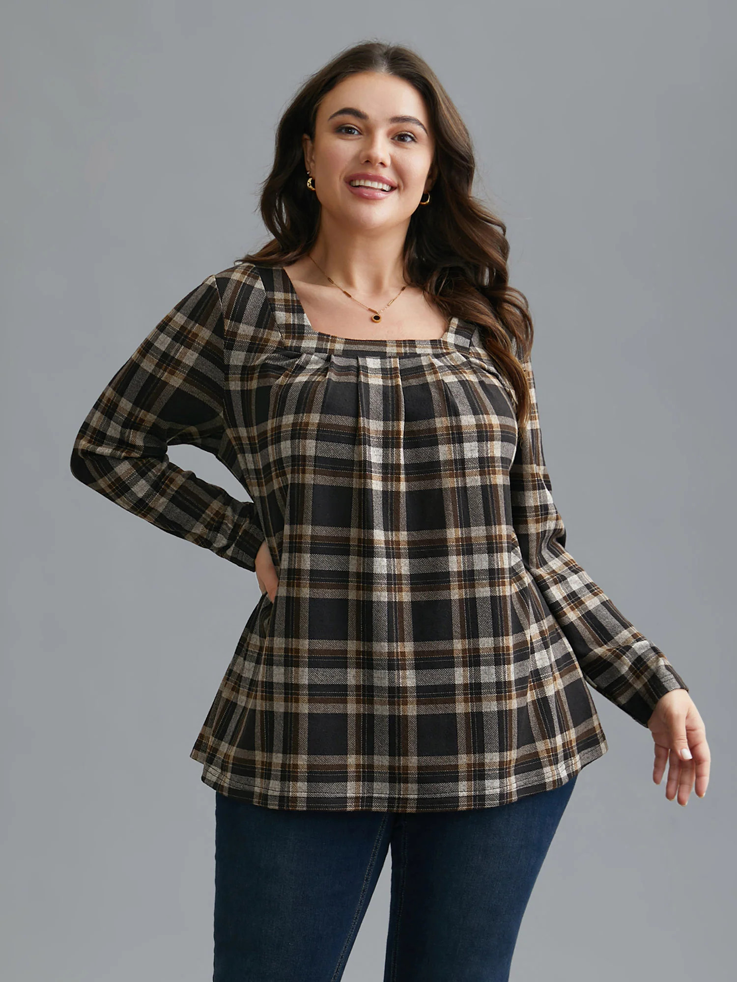 Plaid Pleated Square Neckline Knit Top | Bloomchic