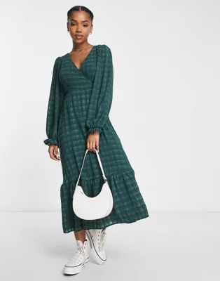 New Look puff long sleeve midi wrap dress in dark green check | ASOS (Global)