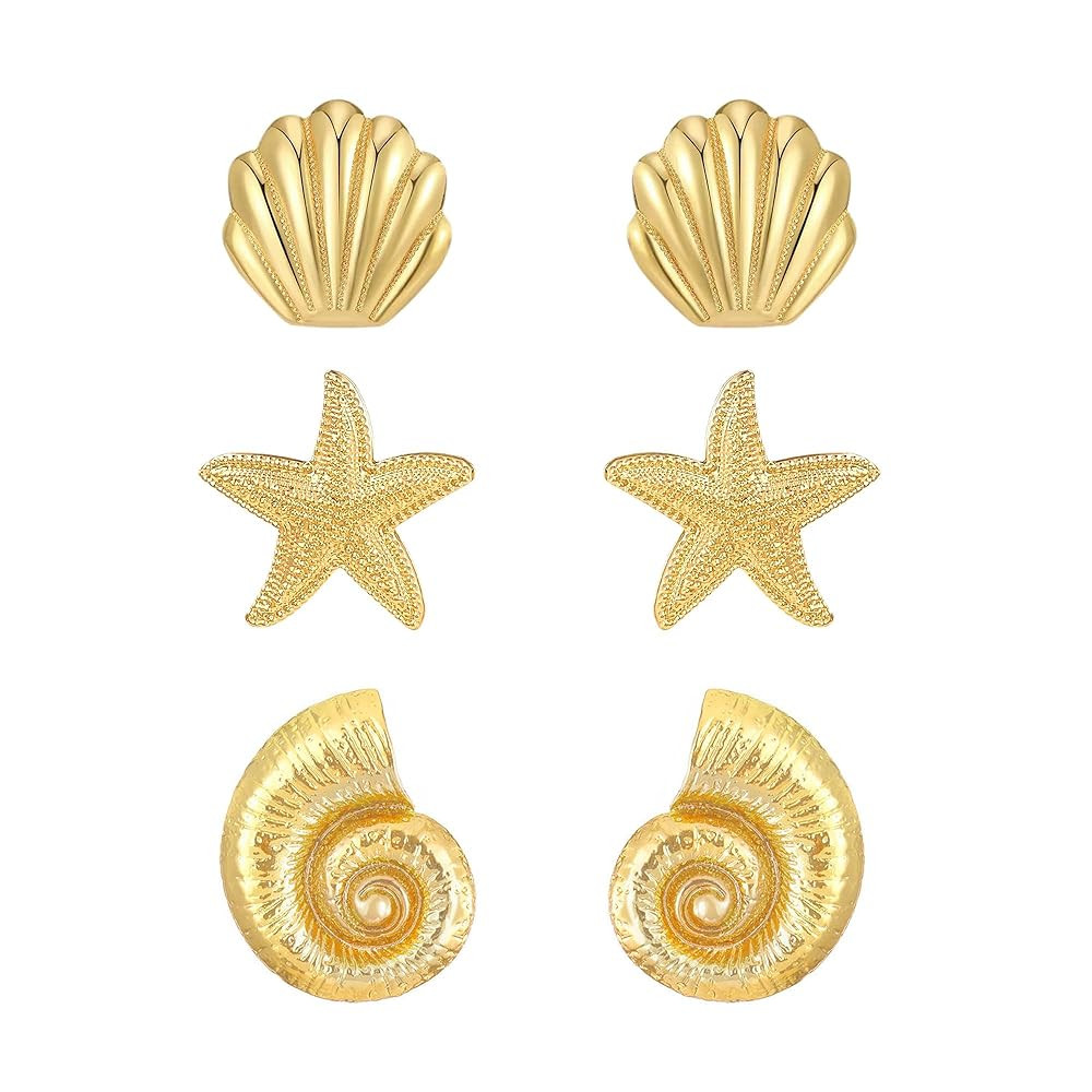 3 Pairs Beach Earrings for Women 14K Gold Statement Earrings Summer Ocean Jewelry Starfish Conch ... | Amazon (US)