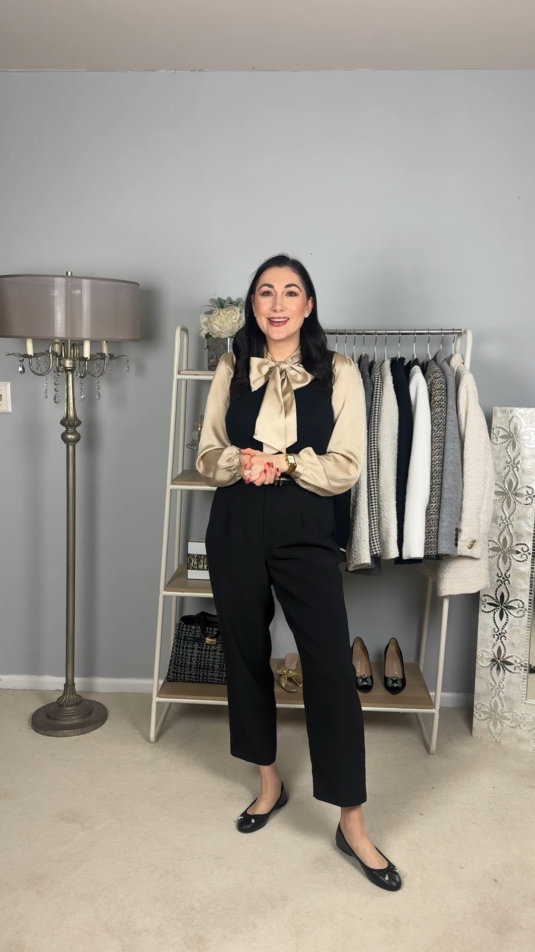 Business casual work outfit of the day 🖤💛

Black sweater shell size xs, sized down 
Gold bow tie blouse
Black pants size 4 curvy, slightly big but wouldn’t size down
Black ballet flats size 6.5, sized down half size 

Business professional 
Work wear 
Office outfit 


#LTKWorkwear #LTKSeasonal #LTKSaleAlert