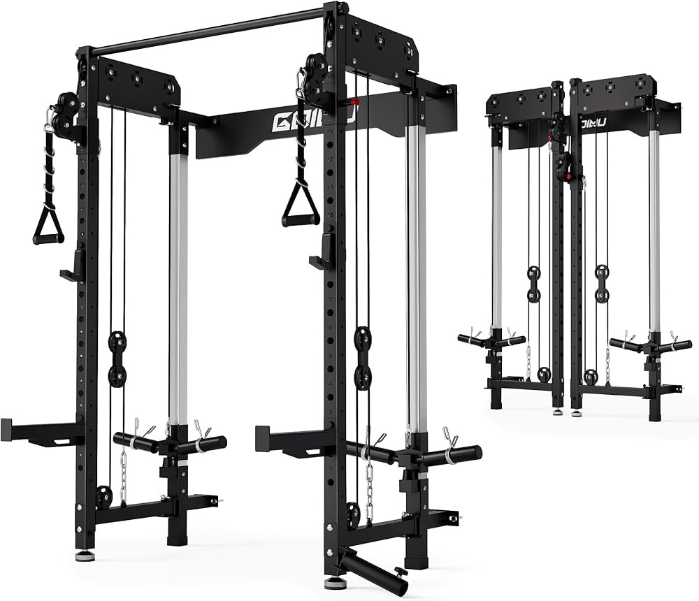 Folding Squat Rack, Wall Mounted Power Rack with Cable Crossover Machine & LAT Pull Down, Functio... | Amazon (US)