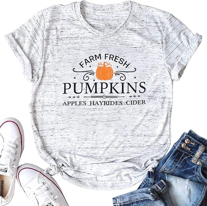 Pumpkin Shirt Women Farm Fresh Shirt Pumpkins Graphic Tees Causal Letter Printed T-Shirt Hallowee... | Amazon (US)