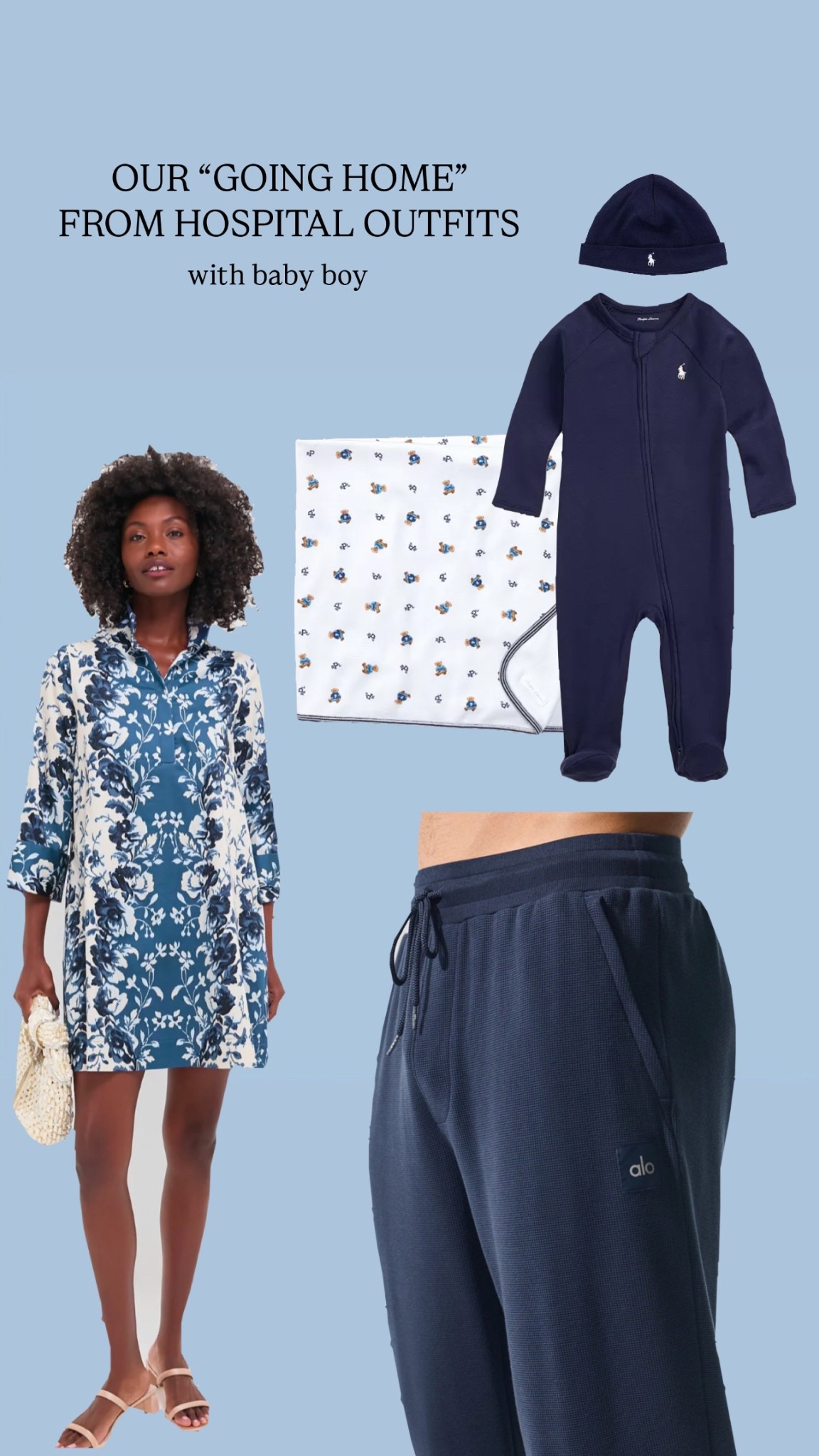 Our going home outfits from the hospital! All blue for baby boy, Dan and I.

Tuckernuck dress - I suggest ordering 1 size larger if pregnant (or TTS if not pregnant)
Pants - I ordered up 1 size for Dan so they wouldn’t be a snug fit.

#LTKBump #LTKFamily #LTKBaby
