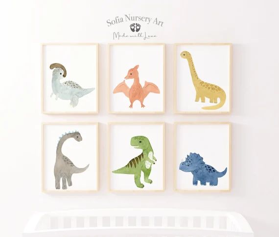Set of 6 Dinosaur nursery prints, nursery wall art, dinosaur decor, boys room wall art, kids room... | Etsy (US)